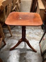 19th century mahogany wine table on turned column and three splayed legs, 48cm x 37.5cm