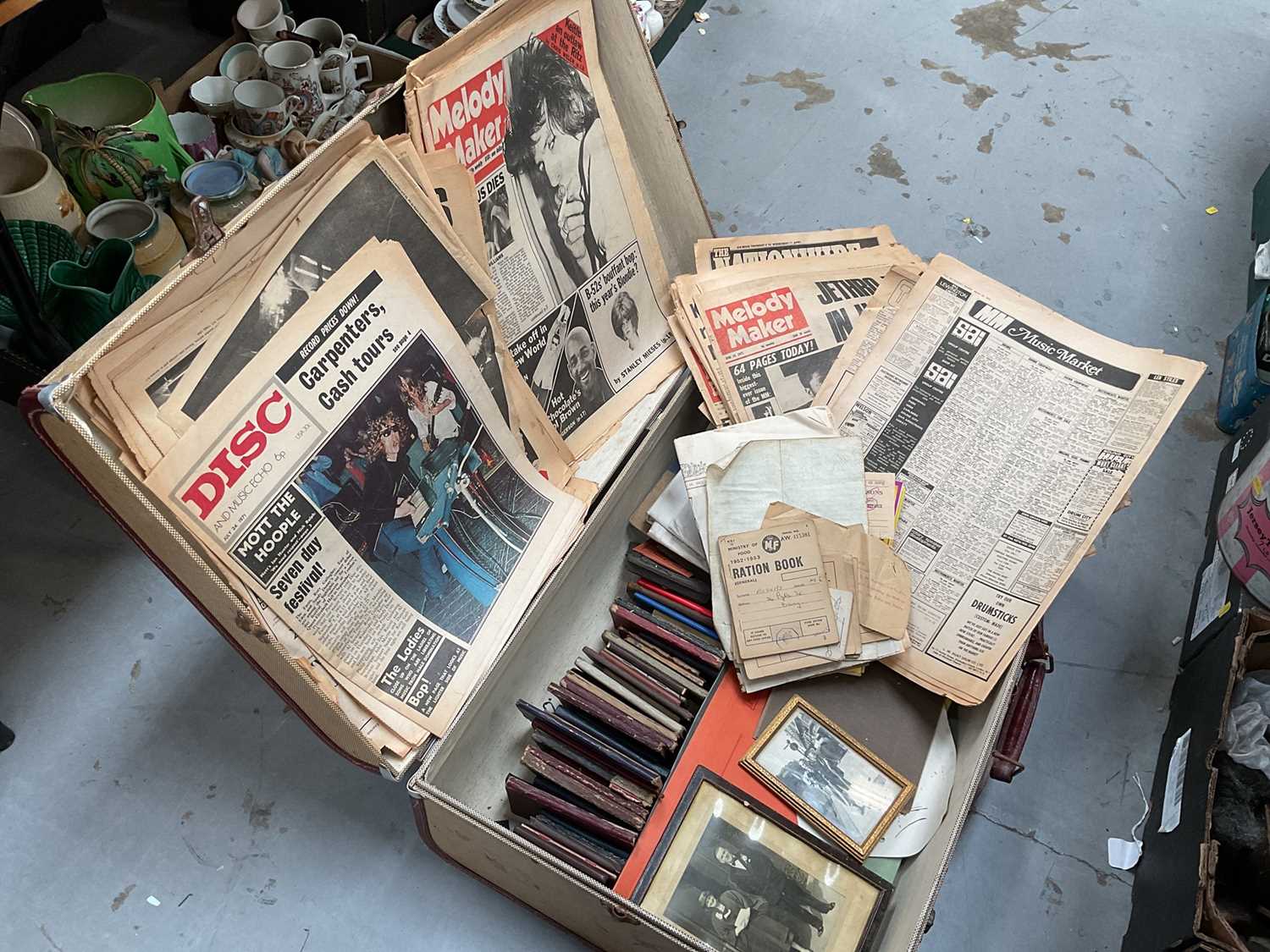Collection of vintage ephemera including Melody Maker, Disc and other music ephemera contained in a