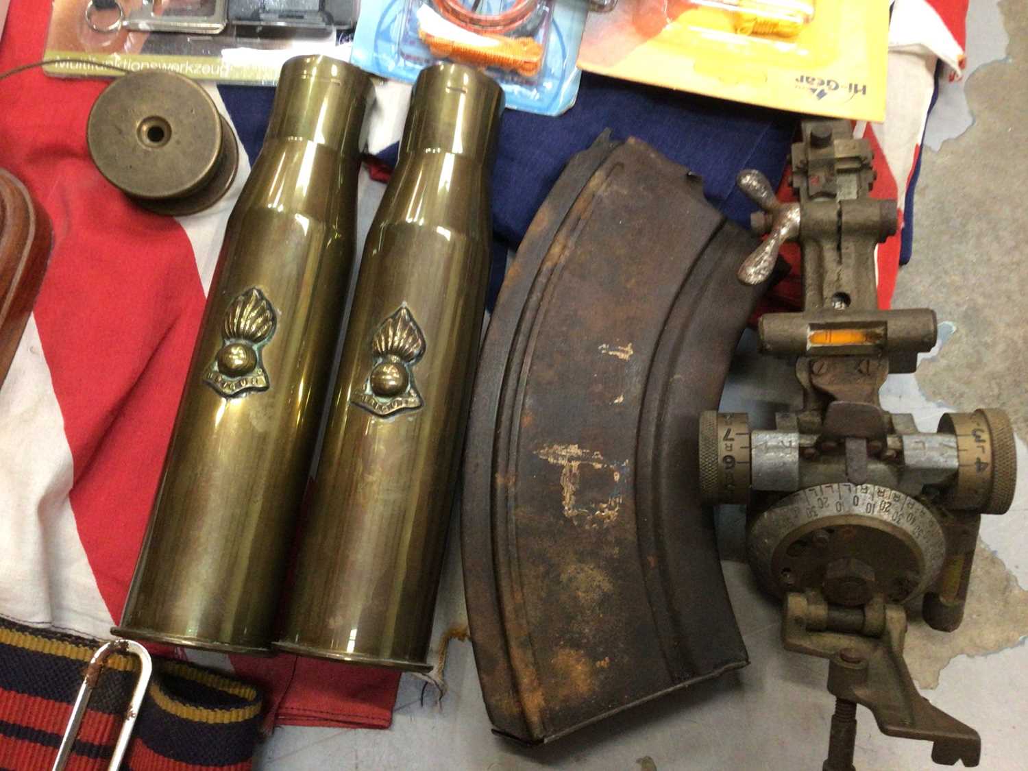 Pair of brass shell cases, The Royal Logistic Corps belt, gun magazine, two Union Jack flags and a s - Image 2 of 4
