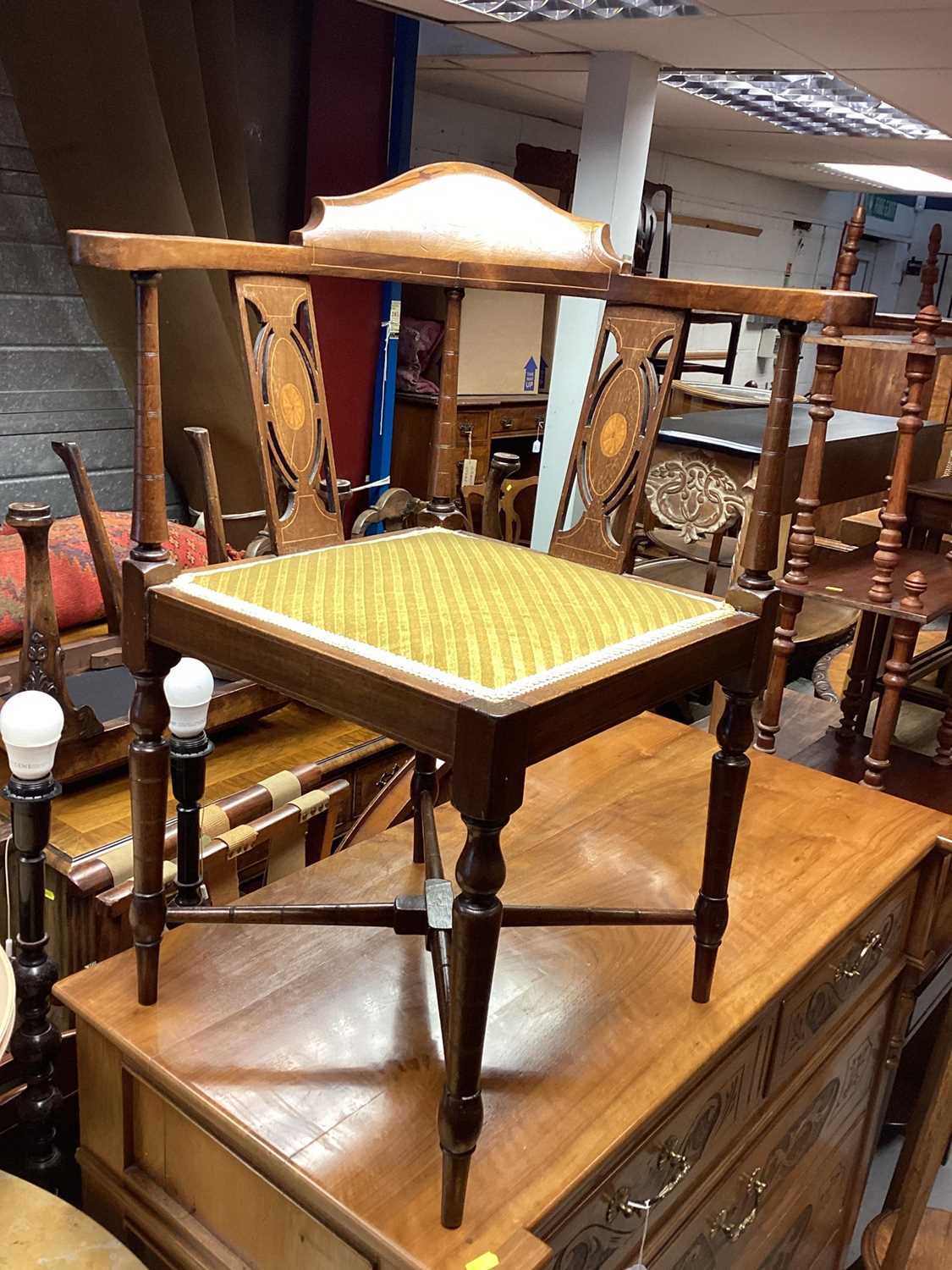 Edwardian inlaid mahogany corner elbow chair, together with a whatnot, two tier plant stand and a ne