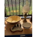 Antique dairy bowl, Border Fine Arts cow and calf, oil lamp and a Wedgwood jelly mould (4)