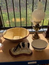 Antique dairy bowl, Border Fine Arts cow and calf, oil lamp and a Wedgwood jelly mould (4)