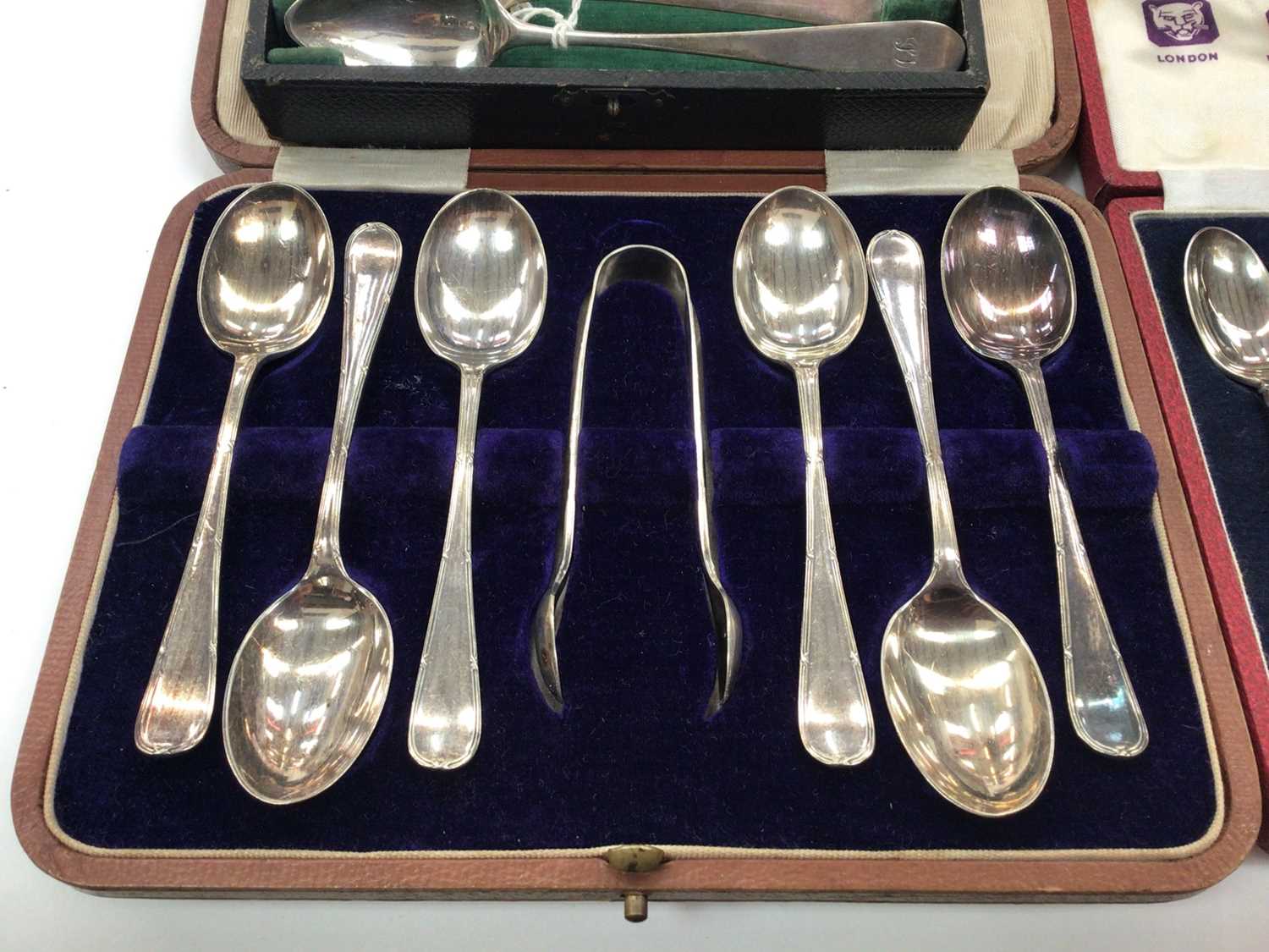 Set of six George III silver teaspoons, two other cased sets of six silver teaspoons and a silver mi - Image 2 of 5