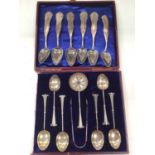 Cased set of six silver teaspoons, pair of sugar tongs and a sifting spoon, together with a set of s