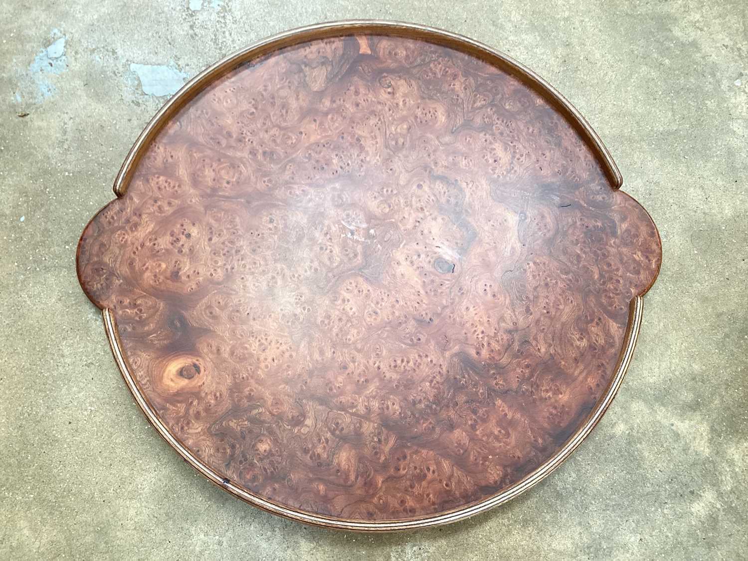 Burr wood tray, Spanish pottery vase and a collection of pine cones and sundries