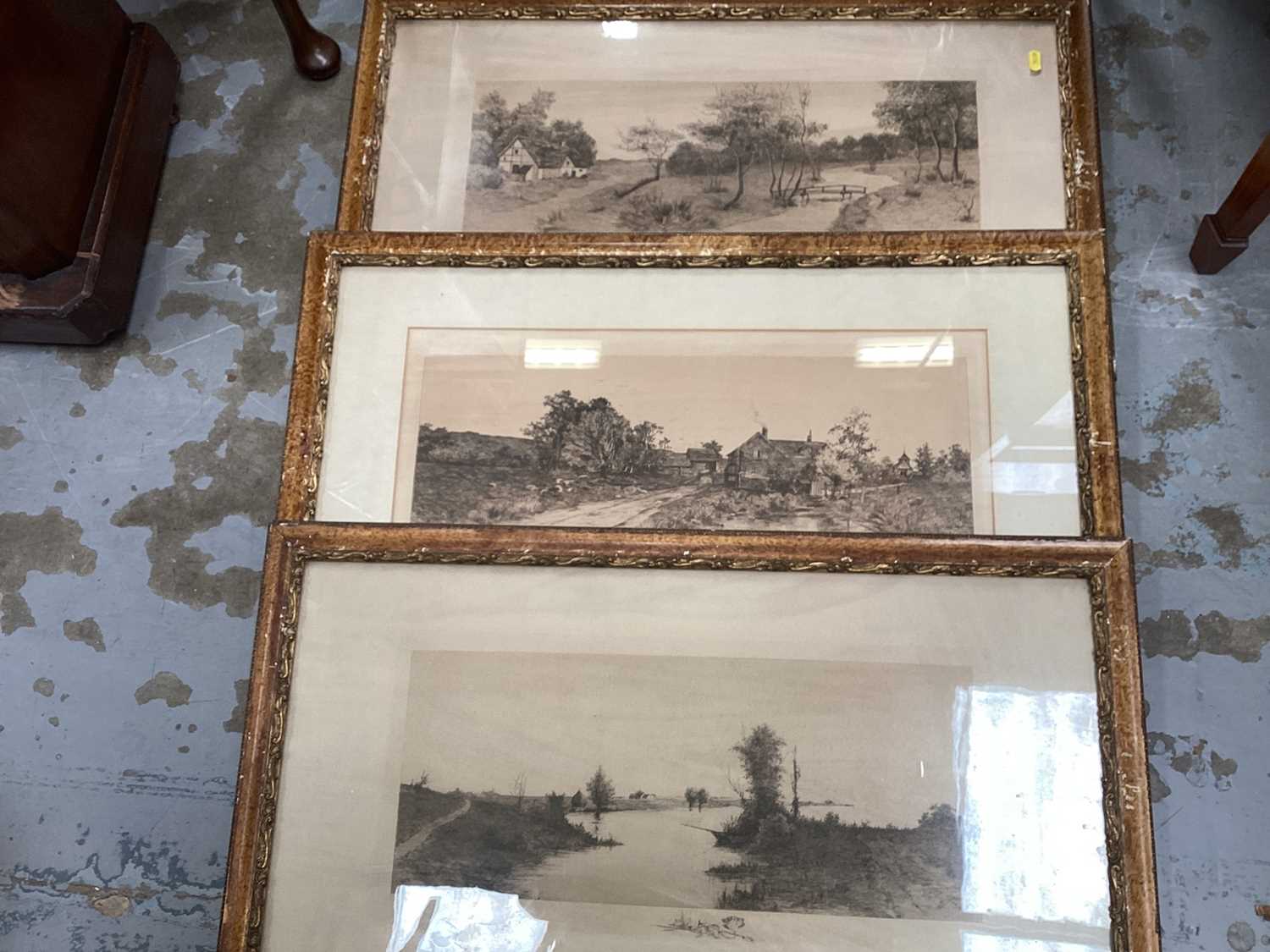 Three rural etching prints, in gilt frames & glazed, plus three other prints (6)