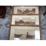 Three rural etching prints, in gilt frames & glazed, plus three other prints (6)