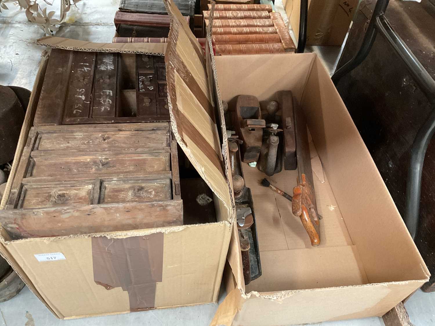 Group of planes, saws and wooden draws containing fittings (2 boxes).