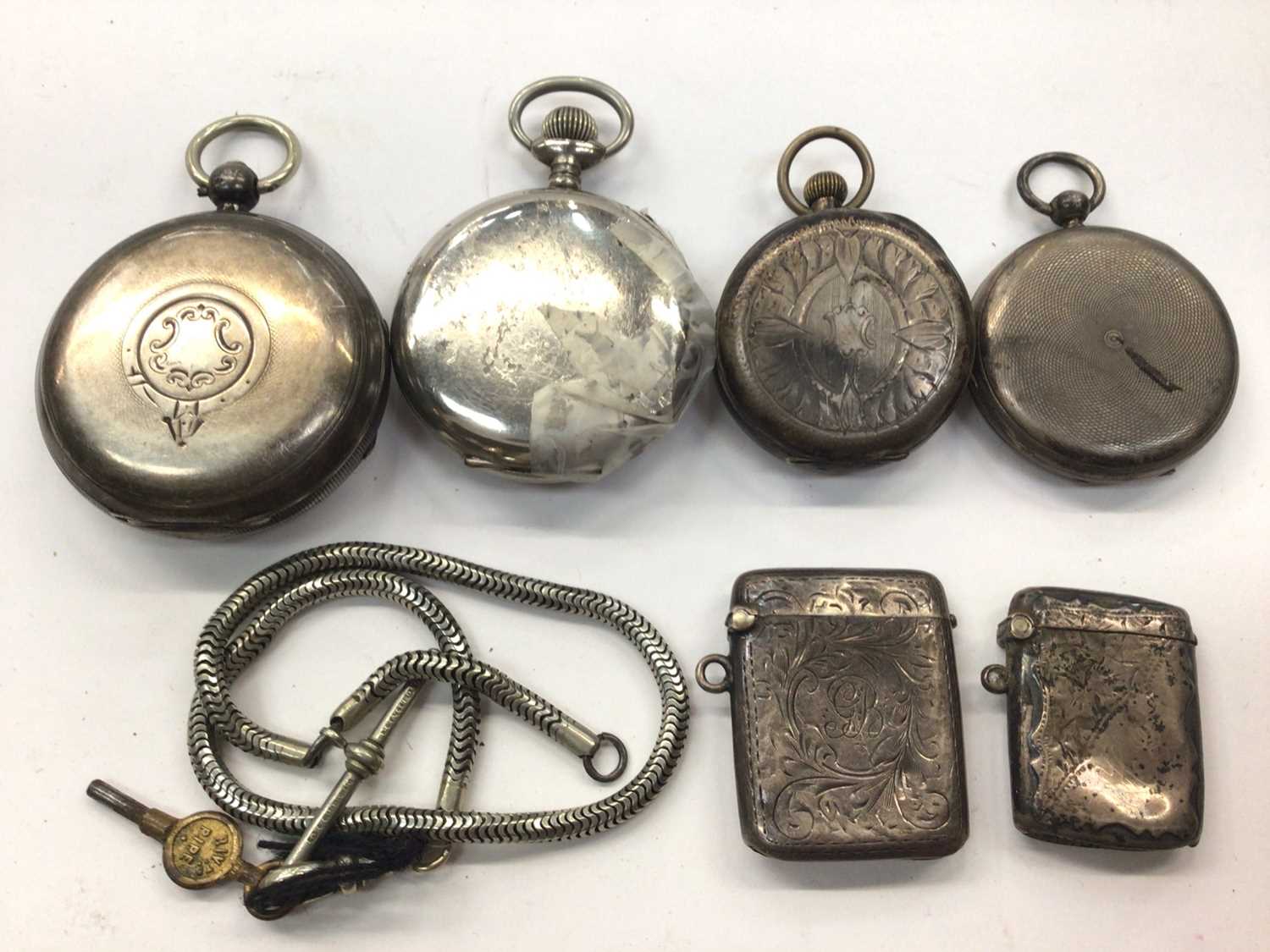 Silver cased pocket watch, Hebidomas pocket watch, a silver cased fob watch and one other in a white - Image 4 of 4