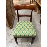 Set of six 19th century mahogany bar back dining chairs with green upholstered seats on reeded turne