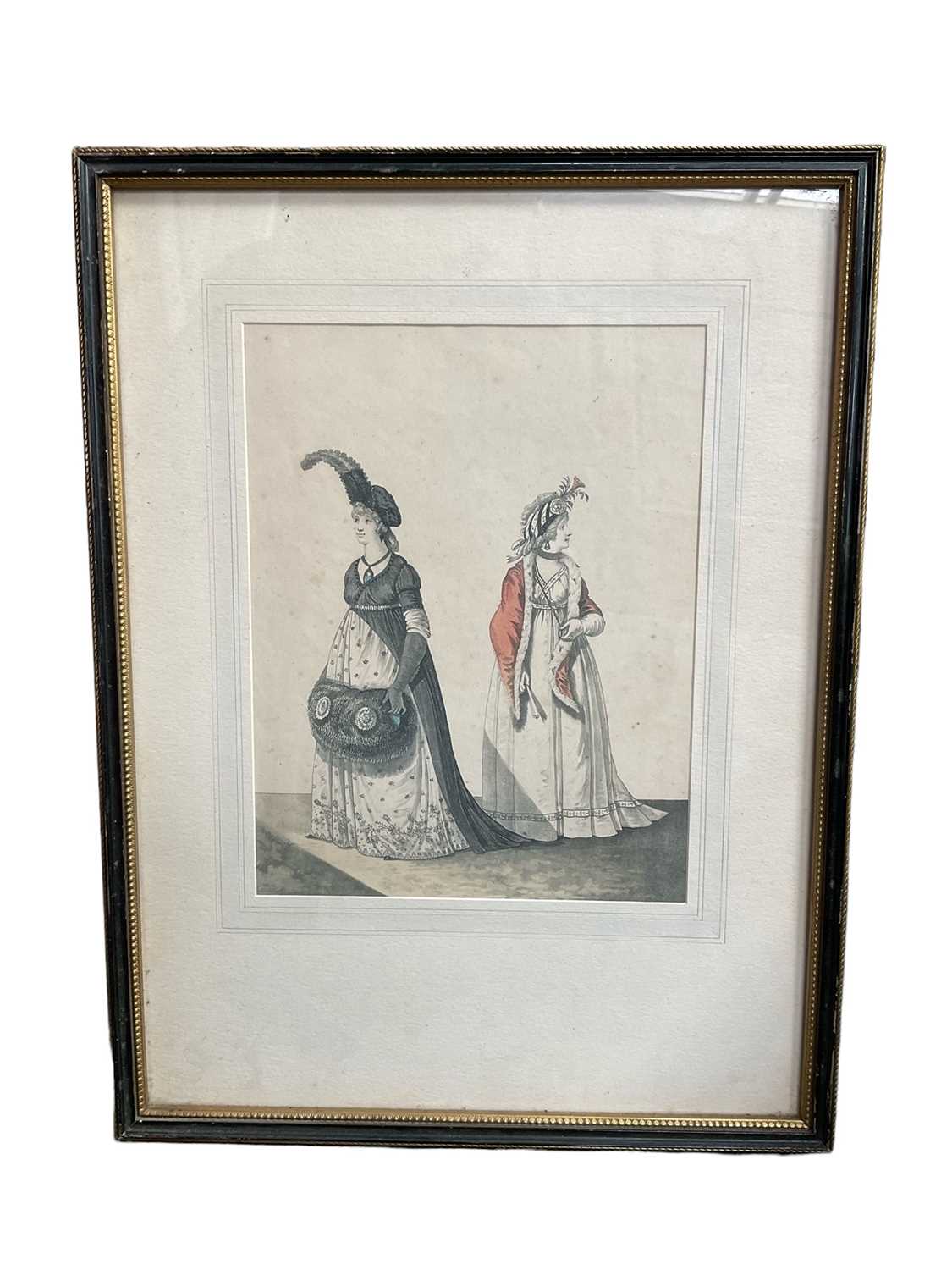 Set of four early 19th century aquatint fashion prints, with hand colouring and raised detail, 22 x