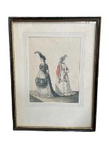 Set of four early 19th century aquatint fashion prints, with hand colouring and raised detail, 22 x