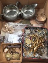 Group of costume jewellery, pewter sugar bowl and milk jug and sundries