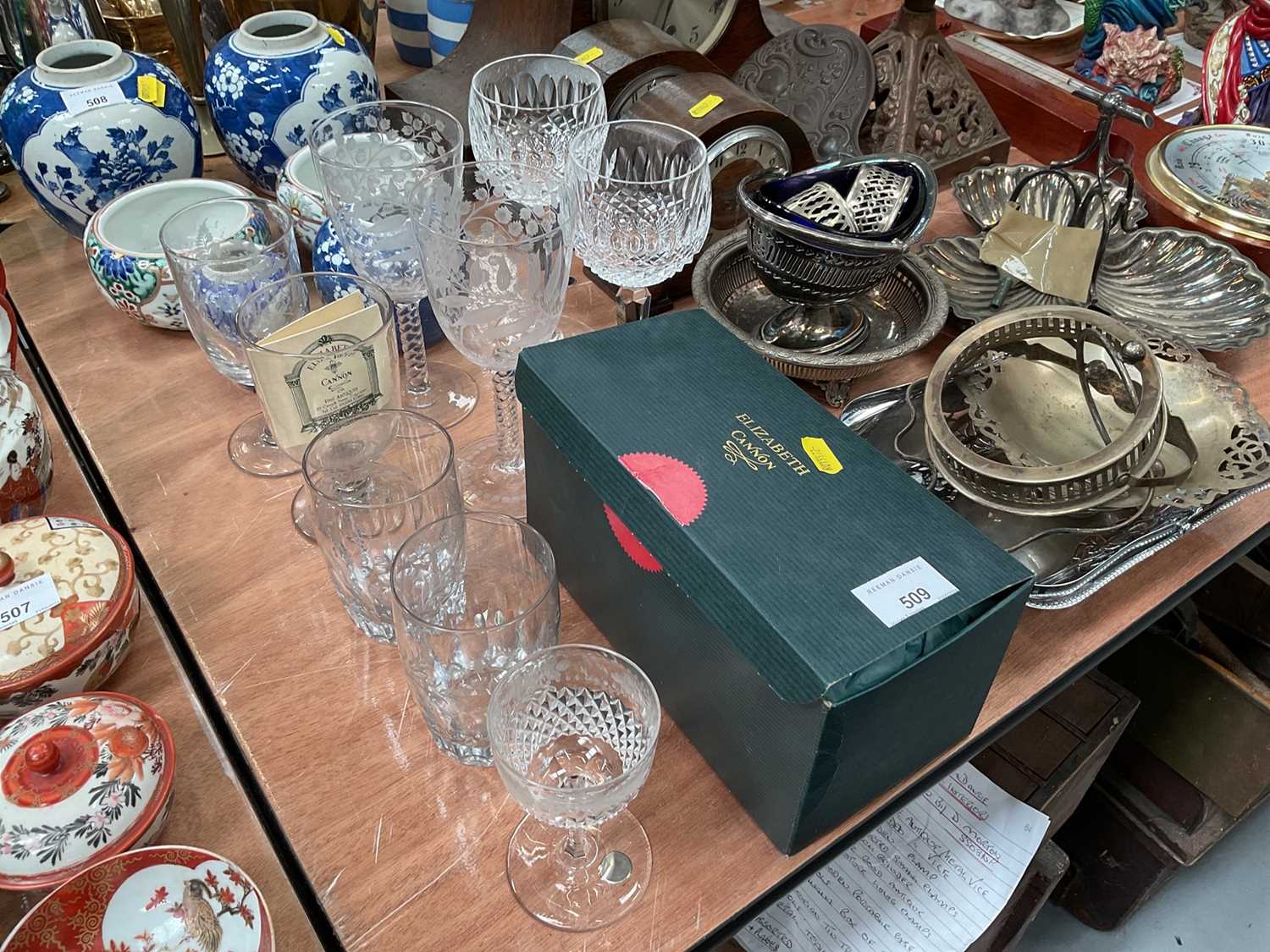 Pair of Waterford Colleen pattern hock glasses together with a group of Victorian etched glassware.