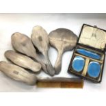 Silver six piece dressing table set and another small enamelled set in fitted case