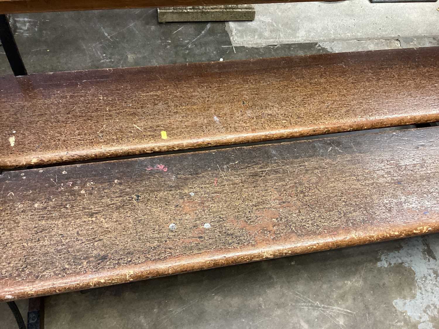 Pair of antique benches with wrought iron supports - Image 3 of 6