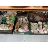 Four boxes of assorted china and glassware to include carnival glass, decanters and wash jug and bow
