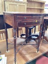 Regency style inlaid mahogany bowfront side table with two drawers on turned legs joined by X frame