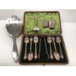 Set of six silver teaspoons and pair of silver sugar tongs in fitted case, Scottish silver sifting s