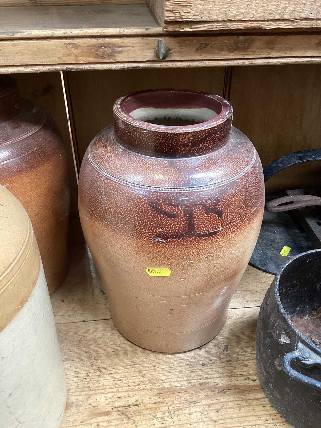 Group of stoneware items and cast iron cooking pots. - Image 5 of 6