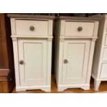 Pair of painted pine bedside chests with single drawer and panelled door below, 39cm wide, 38cm deep