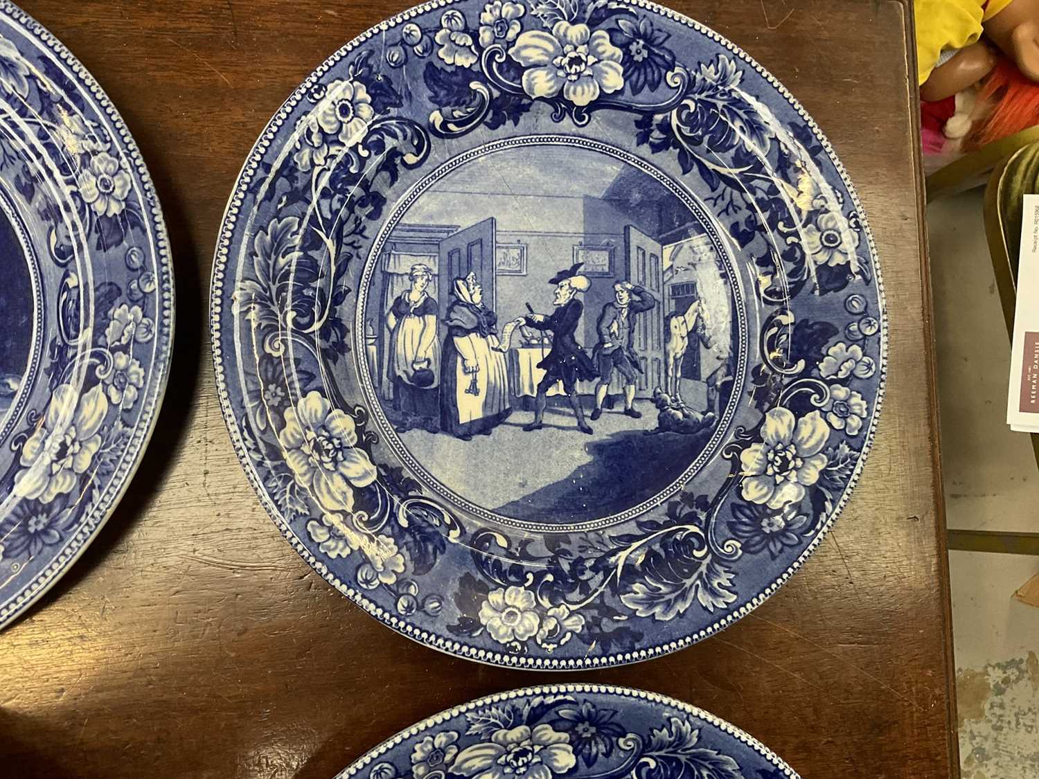 Four 19th century blue and white transfer printed plates 'Dr Syntax' and two Delft plates - Image 7 of 13