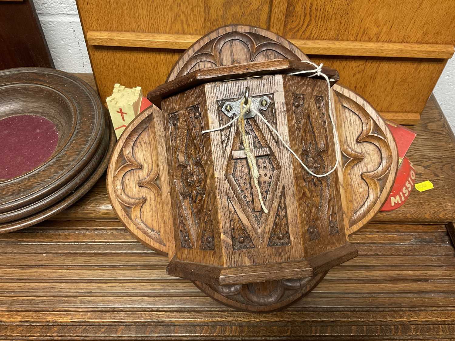 Carved oak offertory box, and three oak dishes, also two hymm boards and cards, two vintage church f - Image 2 of 3