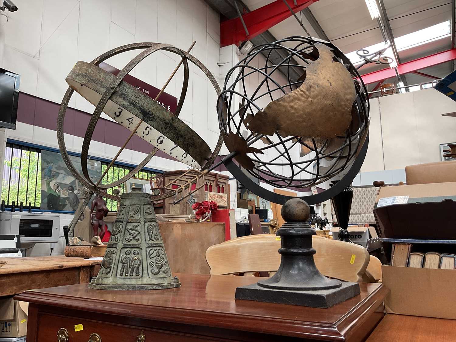 Two metal garden globe sundials