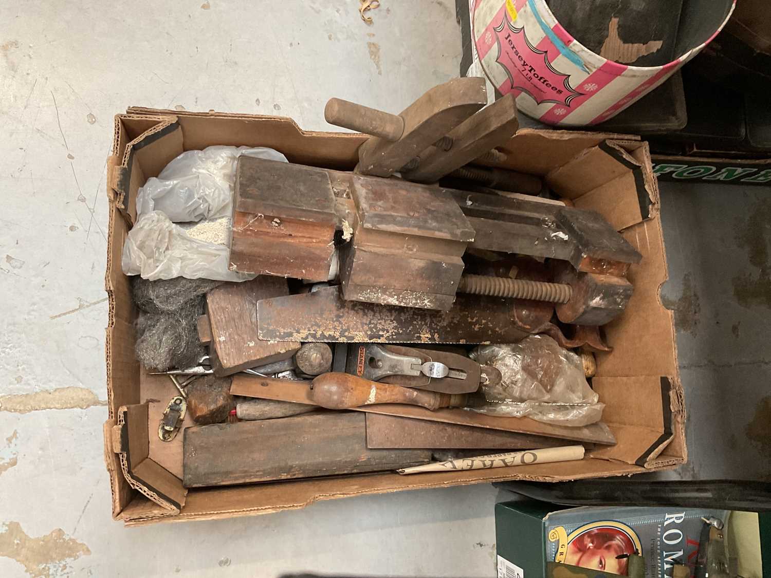 Stanley plane, clamps, saws and other hand tools.