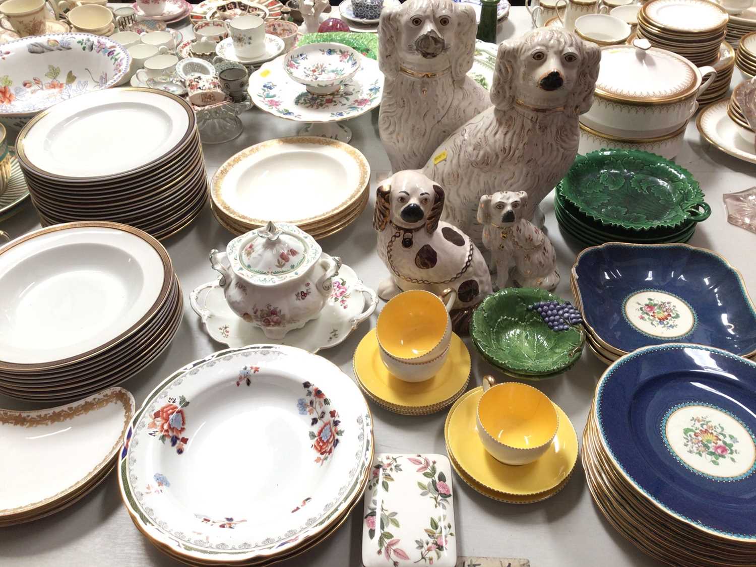 Group of 19th century and later ceramics including Staffordshire spaniels, Mintons, Booths and other