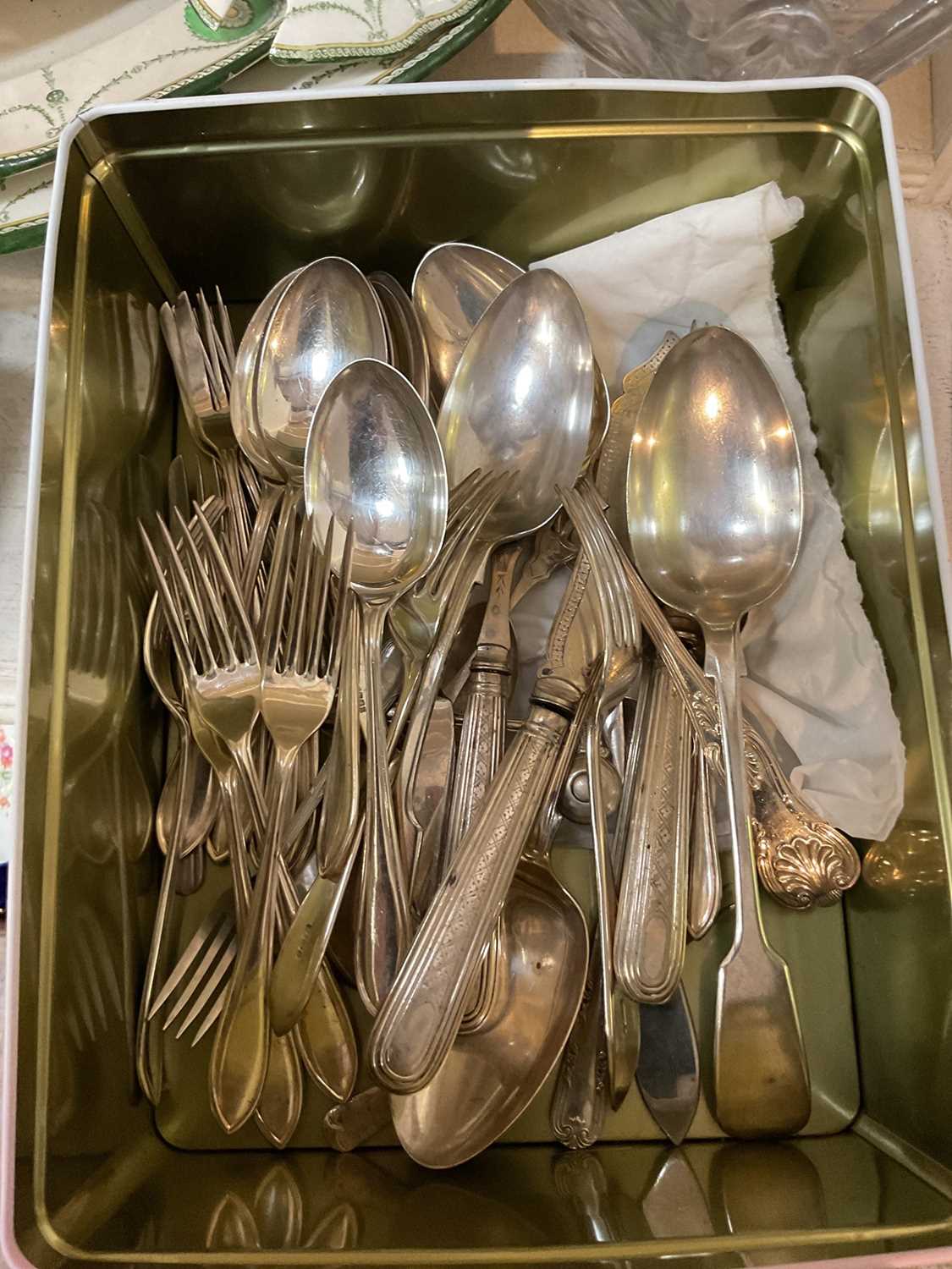 Group of silver plated flatware, pair of prints and group of china and glassware. - Image 5 of 5