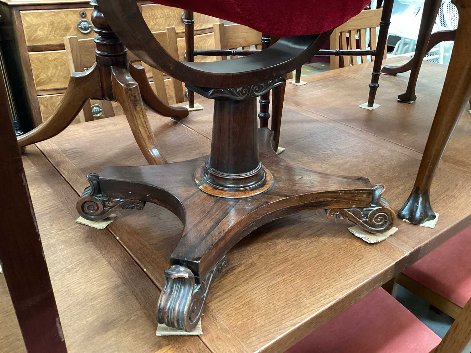 Victorian rosewood needlework table with single drawer and pull out well below on turned column and - Image 5 of 7