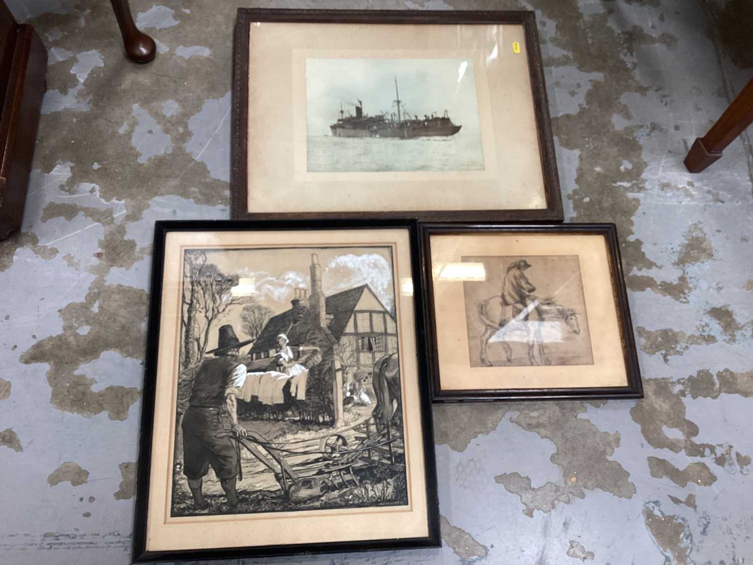 Three rural etching prints, in gilt frames & glazed, plus three other prints (6) - Image 2 of 2