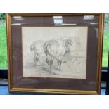 Good quality pencil drawing of two horses, in gilt frame