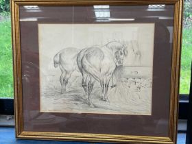 Good quality pencil drawing of two horses, in gilt frame