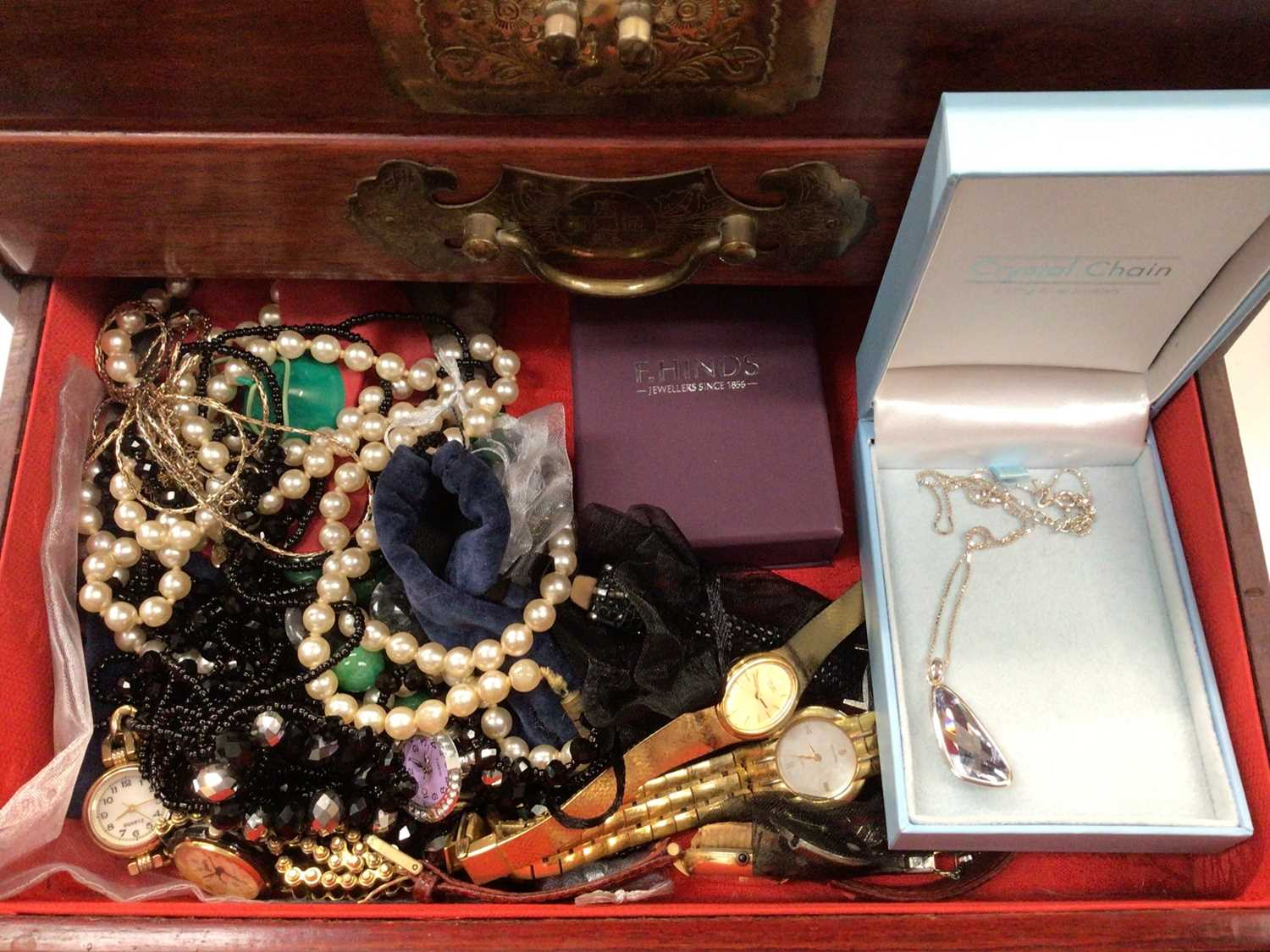 Chinese wooden jewellery box containing silver and other costume jewellery, wristwatches and a Swaro - Image 5 of 5