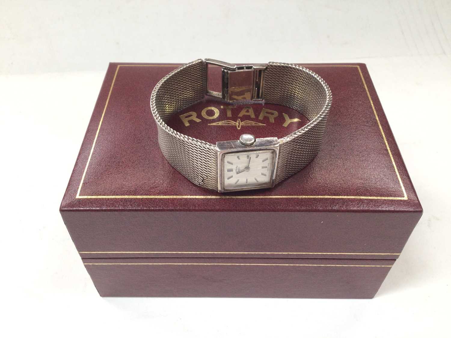 1970s Rotary silver wristwatch on integral silver mesh bracelet, boxed