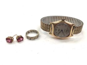 14ct gold cased Avia wristwatch on plated expandable bracelet, 9ct white gold ring and a pair of 9ct