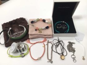 Michaela Frey enamelled bangle, Italian green cuff bangle, Pandora bracelet and two silver rings, Th