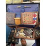 Old writing case containing a miscellaneous group of items to include antique coins, treen etc