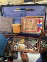 Old writing case containing a miscellaneous group of items to include antique coins, treen etc