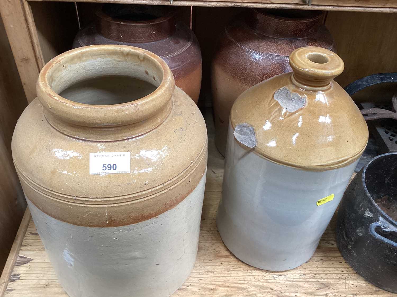 Group of stoneware items and cast iron cooking pots. - Image 4 of 6