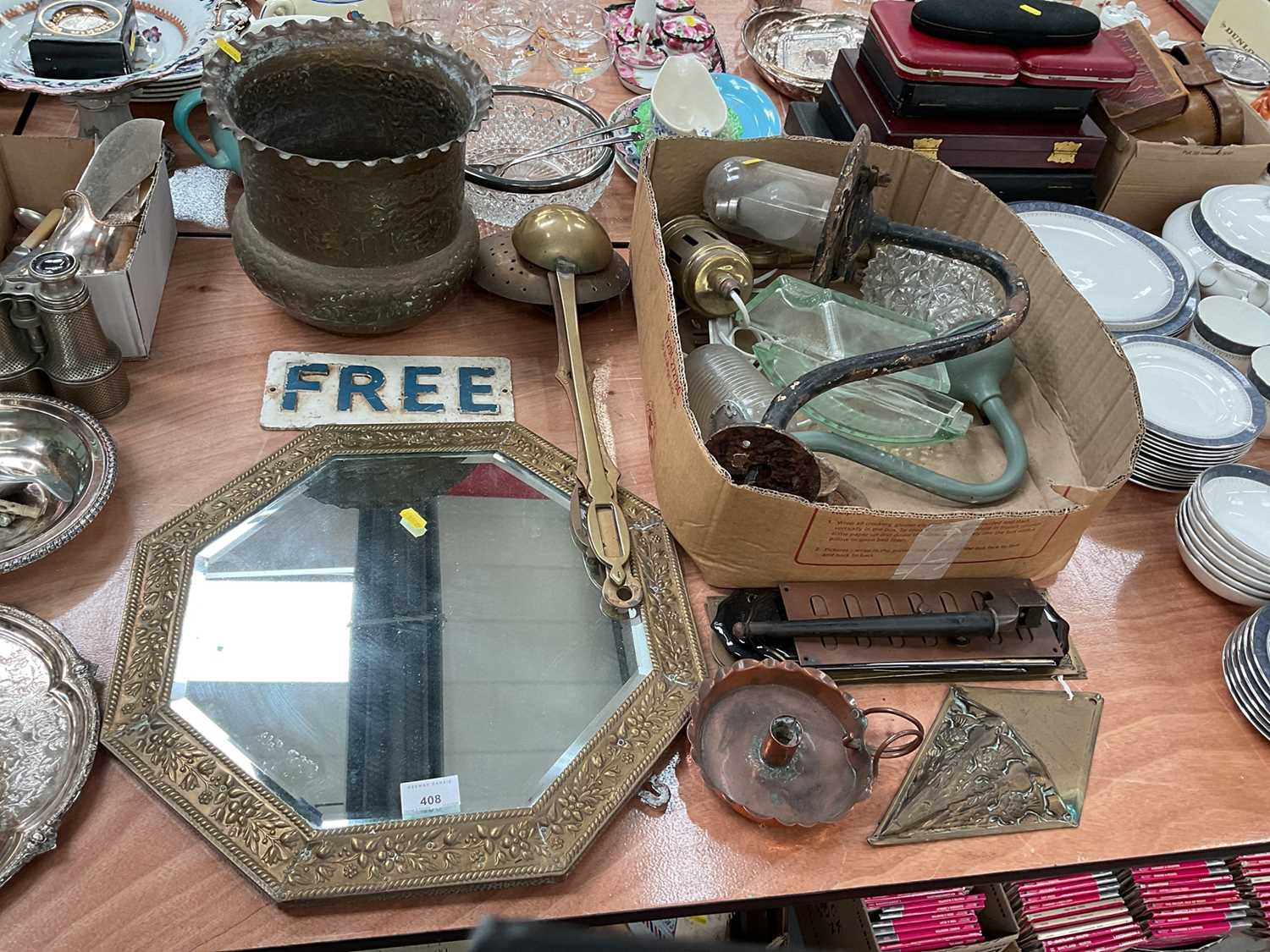 Group of sundry items to include brass finger plates, brass mounted wall mirror and Victorian lights