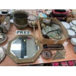 Group of sundry items to include brass finger plates, brass mounted wall mirror and Victorian lights