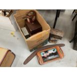 Group of vintage tins, some containing buttons, aboriginal boomerang and Brazilian butterfly wing tr