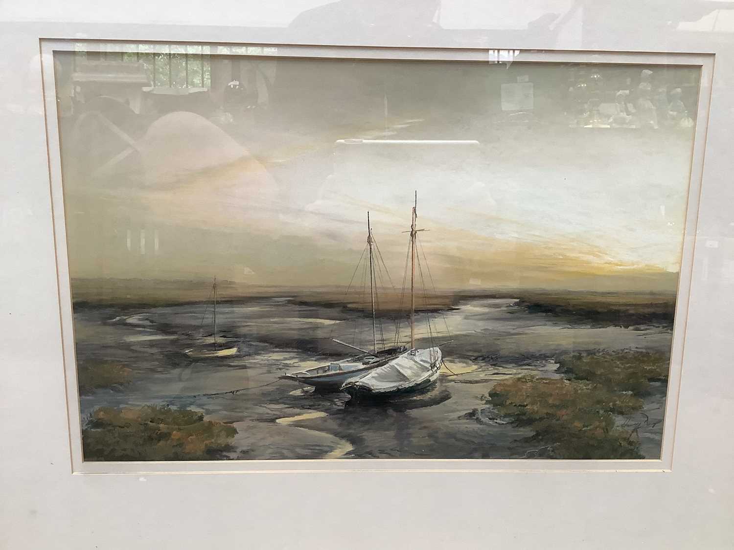 Audrey Davy, pastel of boats at Mersea Island, and an acrylic on canvas of a sailing boat by A. Wrig - Image 5 of 5