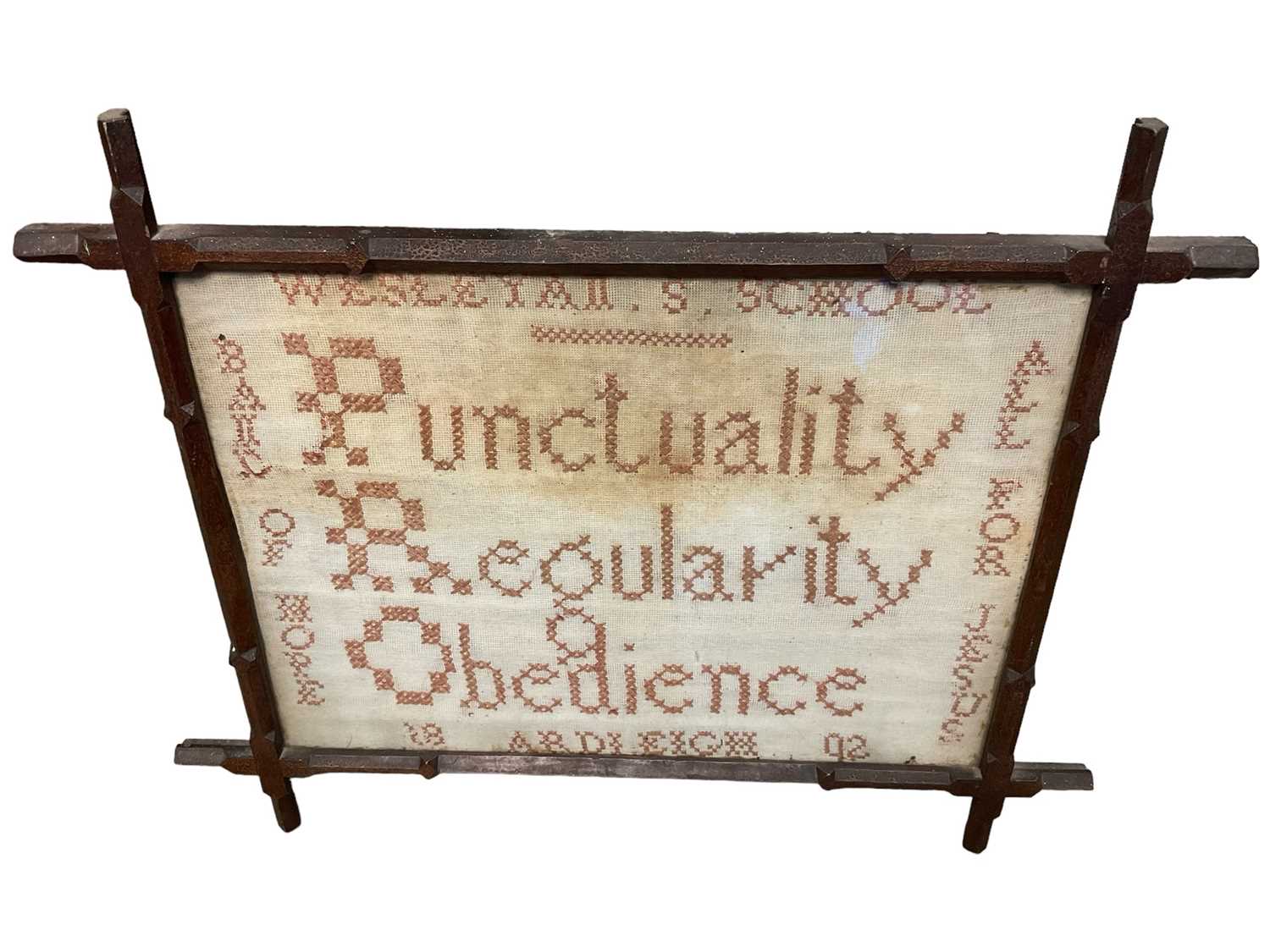 Large Victorian school needlework dated 1892 - Punctuality, Regularity, Obedience