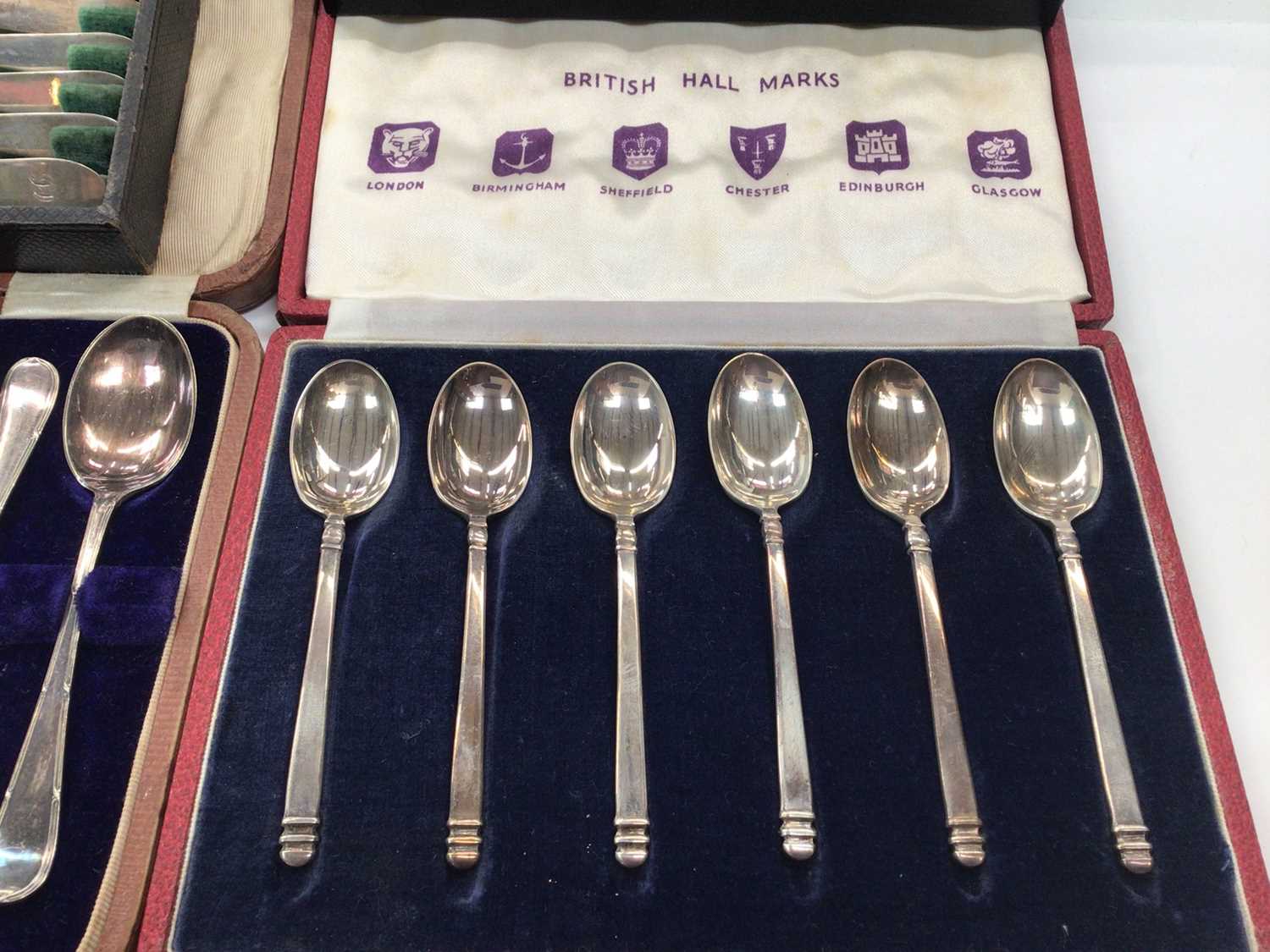 Set of six George III silver teaspoons, two other cased sets of six silver teaspoons and a silver mi - Image 3 of 5