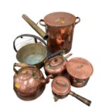 Group of antique copper ware and a brass telescope