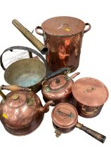 Group of antique copper ware and a brass telescope